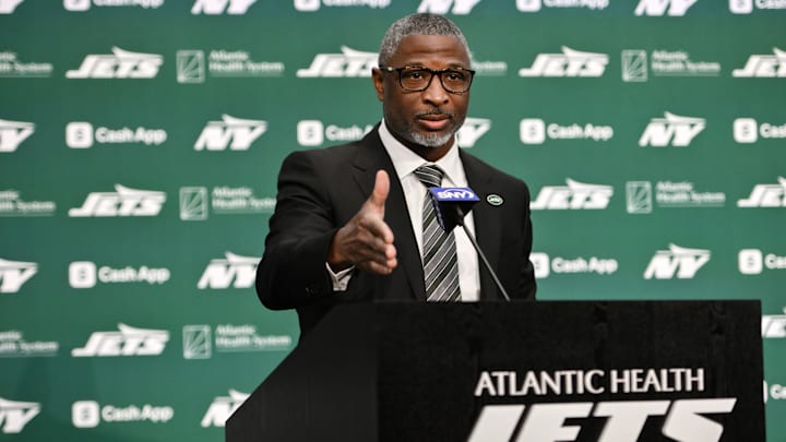 Jan 27, 2025; Florham Park, NJ, USA; New York Jets head coach Aaron Glenn speaks during his introductory press conference at Atlantic Health Jets Training Center. Mandatory Credit: John Jones-Imagn Images