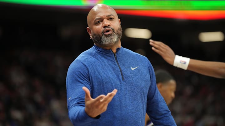 Dec 26, 2024; Sacramento, California, USA; Detroit Pistons head coach J.B. Bickerstaff questions a “kicked ball” call during the fourth quarter against the Sacramento Kings at Golden 1 Center. Mandatory Credit: Kelley L Cox-Imagn Images