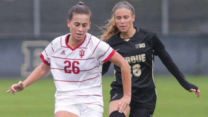 Indiana midfielder Sydney Masur (26) kicks the ball during the first half of an NCAA women's soccer match, Sunday, Oct. 24, 2021 at Folk Field in West Lafayette.

Soc Purdue Vs Indiana