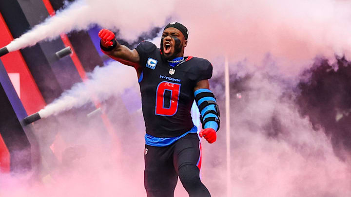 Jan 4, 2026; Houston, Texas, USA; Houston Texans linebacker Azeez al-Shaair (0) is introduced before playing against the Indianapolis Colts at NRG Stadium. Mandatory Credit: Thomas Shea-Imagn Images