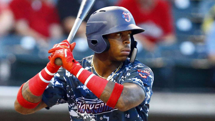 Jun 19, 2018; Birmingham, AL, USA; Jacksonville Jumbo Shrimp outfielder Monte Harrison prepares to