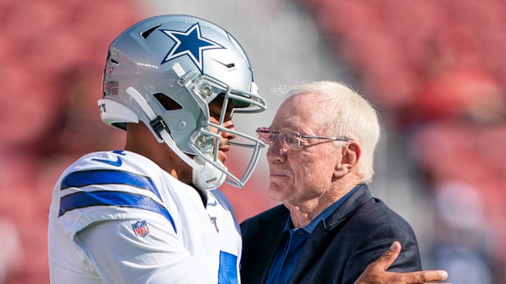 August 10, 2019; Santa Clara, CA, USA; Dallas Cowboys quarterback Dak Prescott (4) and owner Jerry