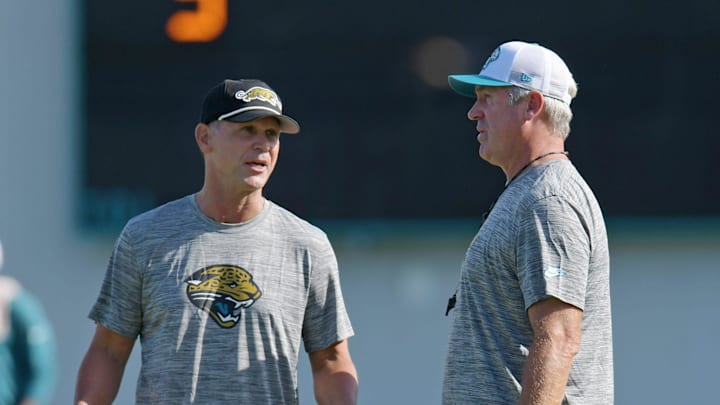 Jaguars general manager Trent Baalke talks with Jacksonville Jaguars head coach Doug Pederson on the field during the fourth day of the NFL football training camp practice session Saturday, July 27, 2024 at EverBank Stadium's Miller Electric Center in Jacksonville, Fla. [Bob Self/Florida Times-Union]