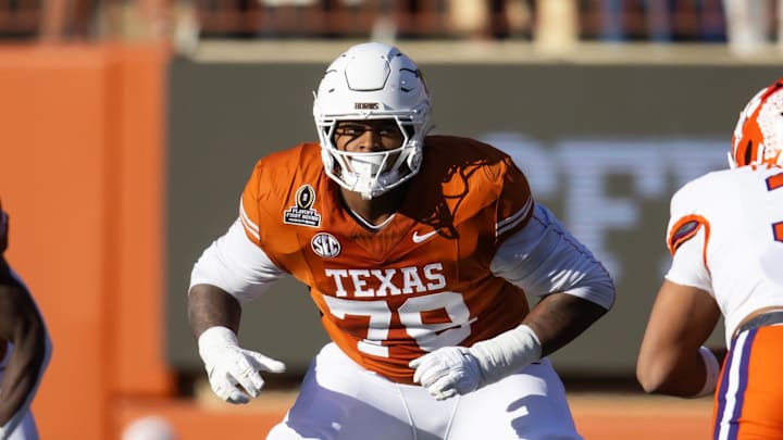 Dec 21, 2024; Austin, Texas, USA; Texas Longhorns offensive lineman Kelvin Banks Jr. (78) against the Clemson Tigers during the CFP National playoff first round at Darrell K Royal-Texas Memorial Stadium. Mandatory Credit: Mark J. Rebilas-Imagn Images