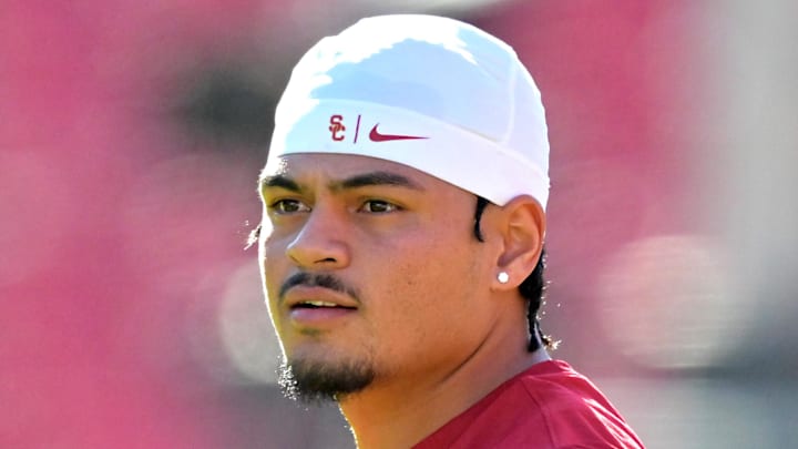 Oct 11, 2025; Los Angeles, California, USA; USC Trojans quarterback Jayden Maiava (14) warms up prior to the game against the Michigan Wolverines at United Airlines Field at the Los Angeles Memorial Coliseum. Mandatory Credit: Jayne Kamin-Oncea-Imagn Images Oct 11, 2025; Los Angeles, California, USA; USC Trojans quarterback Jayden Maiava (14) warms up prior to the game against the Michigan Wolverines at United Airlines Field at the Los Angeles Memorial Coliseum. Mandatory Credit: Jayne Kamin-Oncea-Imagn Images