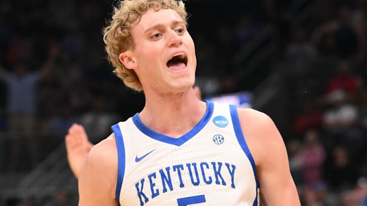Mar 20, 2026; St. Louis, MO, USA; Kentucky Wildcats guard Collin Chandler (5) reacts after making a three point shot against the Santa Clara Broncos during the second half of a first round game of the men's 2026 NCAA Tournament at Enterprise Center. Mandatory Credit: Jeff Curry-Imagn Images
