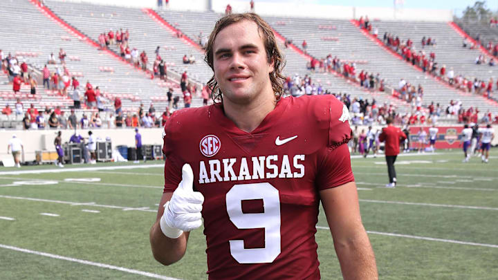 Sep 2, 2023; Little Rock, Arkansas, USA; Arkansas Razorbacks tight end Luke Hasz (9) after the game