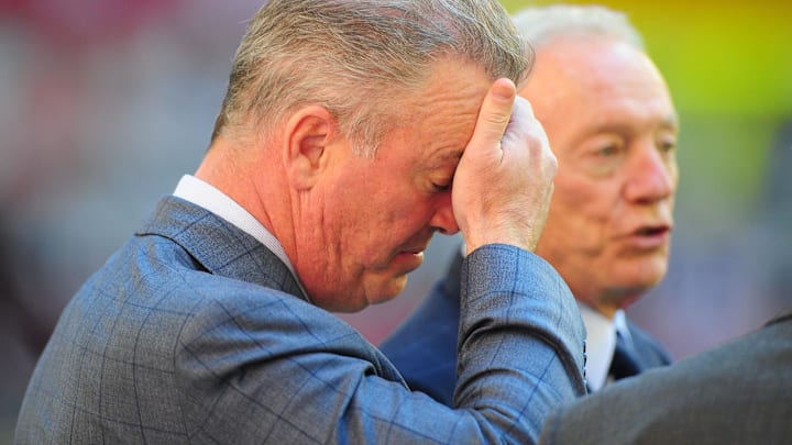 Dallas Cowboys executive vice president Stephen Jones (left) reacts alongside owner Jerry Jones prior to the game against the Arizona Cardinals at University of Phoenix Stadium.