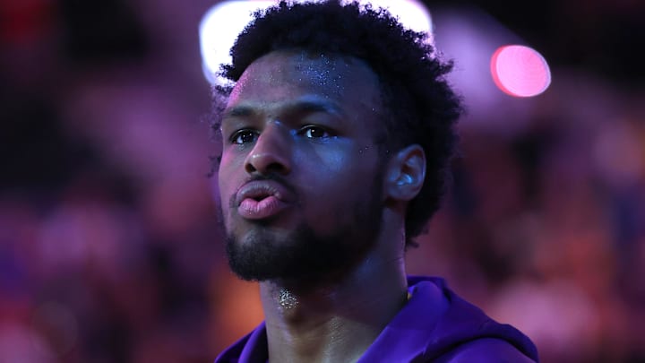 Los Angeles Lakers guard Bronny James (9) stands during the National Anthem before the Lakers play Portland Trail Blazers.