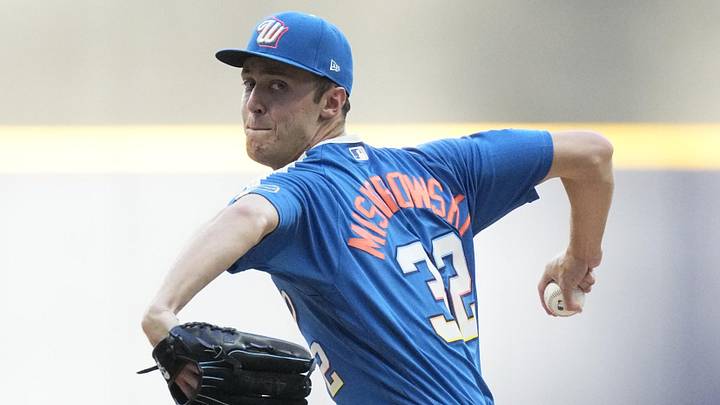 Jun 12, 2026; Milwaukee, Wisconsin, USA;  Milwaukee Brewers pitcher Jacob Misiorowski (32) delivers a pitch against the Philadelphia Phillies in the second inning at American Family Field. Mandatory Credit: Michael McLoone-Imagn Images