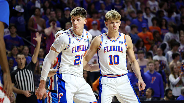 Florida Gators forwards Alex Condon (21) and Thomas Haugh (10) have proven to be one of the best sophomore duos in the country. Condon is coming off back-to-back double-doubles after a 17-point, 15-rebound effort against Ole Miss. Florida Gators forwards Alex Condon (21) and Thomas Haugh (10) have proven to be one of the best sophomore duos in the country. Condon is coming off back-to-back double-doubles after a 17-point, 15-rebound effort against Ole Miss.