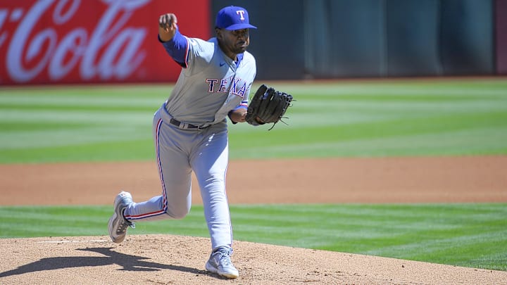 Sep 26, 2024; Oakland, California, USA; Texas Rangers pitcher Kumar Rocker (80) throws a pitch during the first inning against the Oakland Athletics at Oakland-Alameda County Coliseum. Sep 26, 2024; Oakland, California, USA; Texas Rangers pitcher Kumar Rocker (80) throws a pitch during the first inning against the Oakland Athletics at Oakland-Alameda County Coliseum.