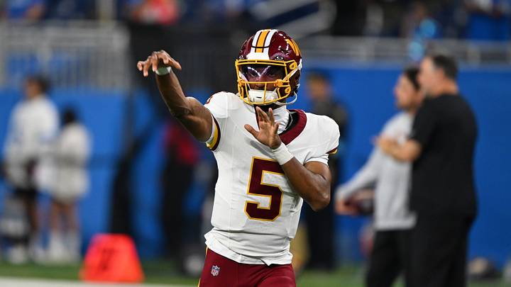 Aug 22, 2026; Detroit, Michigan, USA; Washington Commanders quarterback Jayden Daniels (5) throws passes during pregame warmups before their preseason game against the Detroit Lions at Ford Field. Mandatory Credit: Lon Horwedel-Imagn Images Aug 22, 2026; Detroit, Michigan, USA; Washington Commanders quarterback Jayden Daniels (5) throws passes during pregame warmups before their preseason game against the Detroit Lions at Ford Field. Mandatory Credit: Lon Horwedel-Imagn Images