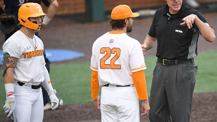 Tennessee's Head Coach Tony Vitello disputes with the referee after Tennessee's Drew Gilbert (1) was ejected from the game during the first round of the NCAA Knoxville Super Regionals between Tennessee and Notre Dame at Lindsey Nelson Stadium in Knoxville, Tenn. on Friday, June 10, 2022.
Kns Tennessee Notre Dame Tennessee's Head Coach Tony Vitello disputes with the referee after Tennessee's Drew Gilbert (1) was ejected from the game during the first round of the NCAA Knoxville Super Regionals between Tennessee and Notre Dame at Lindsey Nelson Stadium in Knoxville, Tenn. on Friday, June 10, 2022.
Kns Tennessee Notre Dame