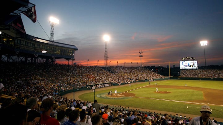 The sun sets behind Rosenblatt Stadium during game the 2010 College World Series. The sun sets behind Rosenblatt Stadium during game the 2010 College World Series.