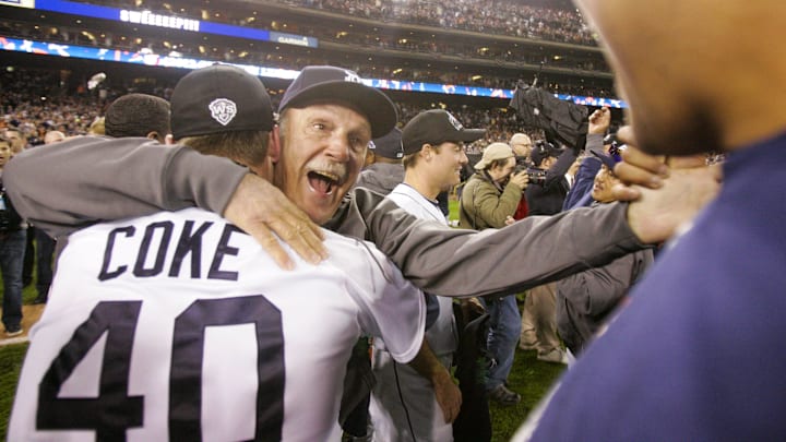 Tigers manager Jim Leyland hugs pitcher Phil Coke after winning Game 4 of the American League Championship Series between the Detroit Tigers and the New York Yankees at Comerica Park in Detroit on Thursday, Oct. 18, 2012. KIRTHMON F. DOZIER/Detroit Free Press