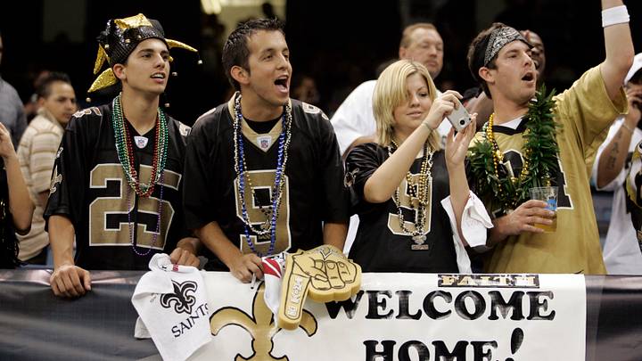 Sep 25, 2006; New Orleans, LA, USA; New Orleans Saints fans before a game against the Atlanta Falcons at the Louisiana Superdome in New Orleans. The Monday Night Football game is the first event in the Louisiana Superdome a year after it was heavily damaged by Hurricane Katrina and used as a shelter from the storm by tens of thousands of people. Mandatory Credit: Photo By John David Mercer-USA TODAY Sports Copyright © 2006 John David Mercer Sep 25, 2006; New Orleans, LA, USA; New Orleans Saints fans before a game against the Atlanta Falcons at the Louisiana Superdome in New Orleans. The Monday Night Football game is the first event in the Louisiana Superdome a year after it was heavily damaged by Hurricane Katrina and used as a shelter from the storm by tens of thousands of people. Mandatory Credit: Photo By John David Mercer-USA TODAY Sports Copyright © 2006 John David Mercer