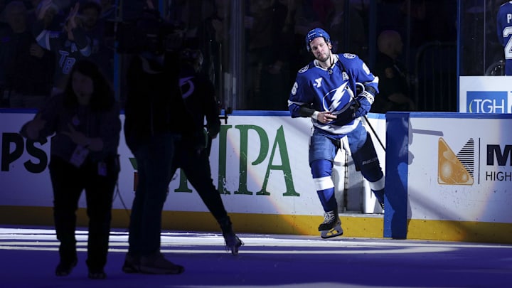 Apr 13, 2026; Tampa, Florida, USA; Tampa Bay Lightning right wing Nikita Kucherov (86) reacts after beating the Detroit Red Wings in overtime at Benchmark International Arena. Mandatory Credit: Nathan Ray Seebeck-Imagn Images