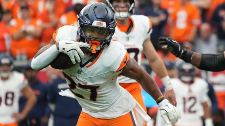 Nov 2, 2025; Houston, Texas, USA; Denver Broncos running back J.K. Dobbins (27) runs during the second half against the Houston Texans at NRG Stadium.