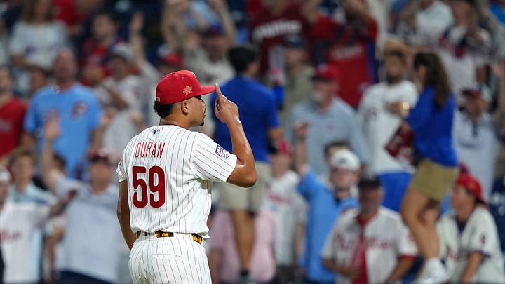 Jul 14, 2026; Philadelphia, Pennsylvania, USA; Philadelphia Phillies pitcher Jhoan Duran (59) reacts during the ninth inning for the All-Star Game at Citizens Bank Park. Mandatory Credit: Kyle Ross-Imagn Images