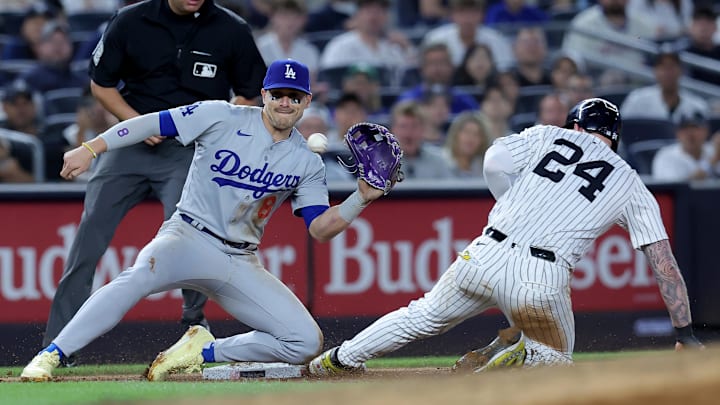 Jun 9, 2024; Bronx, New York, USA; New York Yankees left fielder Alex Verdugo (24) takes third base on a wild pitch ahead of the tag by Los Angeles Dodgers third baseman Enrique Hernandez (8) during the sixth inning at Yankee Stadium. Mandatory Credit: Brad Penner-Imagn Images Jun 9, 2024; Bronx, New York, USA; New York Yankees left fielder Alex Verdugo (24) takes third base on a wild pitch ahead of the tag by Los Angeles Dodgers third baseman Enrique Hernandez (8) during the sixth inning at Yankee Stadium. Mandatory Credit: Brad Penner-Imagn Images