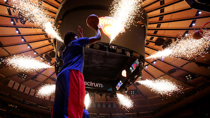 Feb 26, 2024; New York, New York, USA; Detroit Pistons forward Ausar Thompson (9) warms up as the New York Knicks are introduced before a game at Madison Square Garden. Mandatory Credit: Brad Penner-Imagn Images Feb 26, 2024; New York, New York, USA; Detroit Pistons forward Ausar Thompson (9) warms up as the New York Knicks are introduced before a game at Madison Square Garden. Mandatory Credit: Brad Penner-Imagn Images