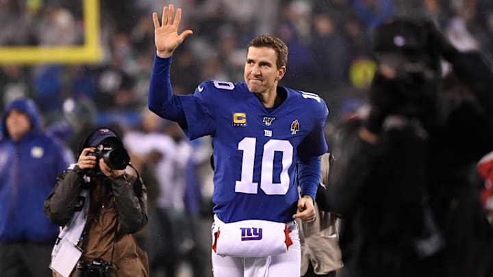New York Giants quarterback Eli Manning (10) waves to the fans as he exits the field at MetLife Stadium for possibly the last time in his career. The Eagles defeat the Giants, 34-17, on Sunday, Dec. 29, 2019, in East Rutherford. New York Giants quarterback Eli Manning (10) waves to the fans as he exits the field at MetLife Stadium for possibly the last time in his career. The Eagles defeat the Giants, 34-17, on Sunday, Dec. 29, 2019, in East Rutherford.