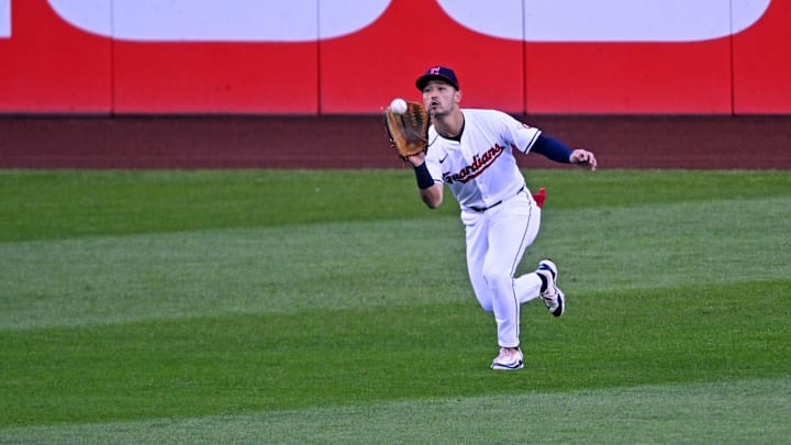 Oct 7, 2024; Cleveland, Ohio, USA; Cleveland Guardians outfielder Steven Kwan (38) catches a fly ball during the second inning against the Detroit Tigers during game two of the ALDS for the 2024 MLB Playoffs at Progressive Field. Mandatory Credit: David Richard-Imagn Images