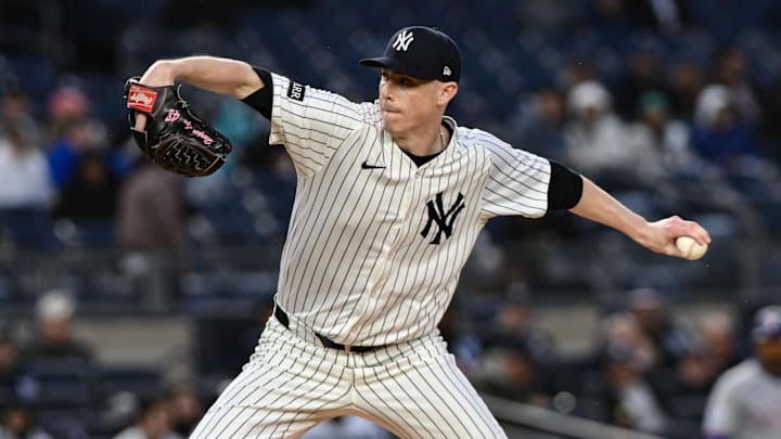 May 21, 2025; Bronx, New York, USA; New York Yankees pitcher Ryan Yarbrough (33) pitches against the Texas Rangers during the first inning at Yankee Stadium. Mandatory Credit: John Jones-Imagn Images