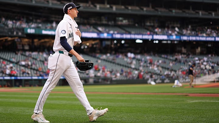 Jun 14, 2025: Seattle Mariners starting pitcher George Kirby (68) walks onto the field before the game against the Cleveland Guardians at T-Mobile Park. 