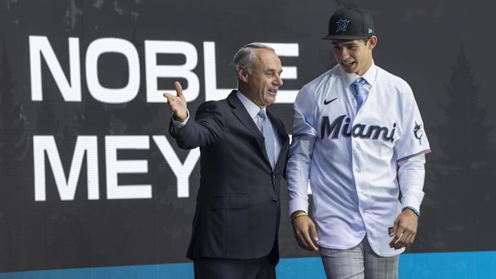 Marlins 2023 draft pick Noble Meyer is introduced by commissioner Manfred during the first round of the MLB draft.