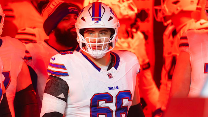 Jan 26, 2025; Kansas City, MO, USA; Buffalo Bills guard Connor McGovern (66) against the Kansas City Chiefs during the AFC Championship game at GEHA Field at Arrowhead Stadium. Mandatory Credit: Mark J. Rebilas-Imagn Images