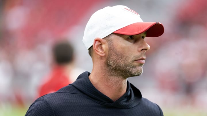 Aug 2, 2025; Glendale, AZ, USA; Arizona Cardinals head coach Jonathan Gannon in the Red and White practice during training camp at State Farm Stadium. Mandatory Credit: Mark J. Rebilas-Imagn Images