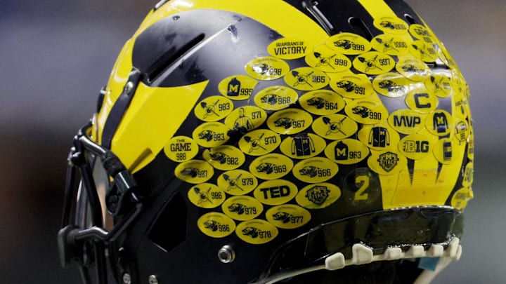 Dec 2, 2023; Indianapolis, IN, USA; The helmet of Michigan Wolverines running back Blake Corum (2) before the Big Ten Championship game against the Iowa Hawkeyes at Lucas Oil Stadium. Mandatory Credit: Trevor Ruszkowski-Imagn Images