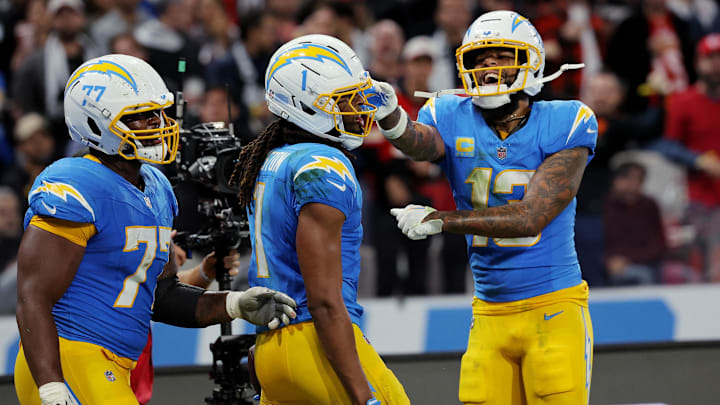 Los Angeles Chargers wide receiver Quentin Johnston celebrates with wide receiver Keenan Allen.