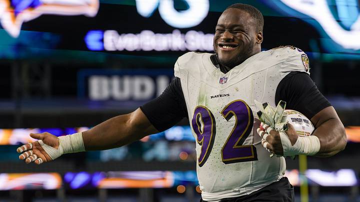 Dec 17, 2023; Jacksonville, Florida, USA; Baltimore Ravens defensive tackle Justin Madubuike (92) celebrates after beating the Jacksonville Jaguars at EverBank Stadium. Mandatory Credit: Nathan Ray Seebeck-USA TODAY Sports Dec 17, 2023; Jacksonville, Florida, USA; Baltimore Ravens defensive tackle Justin Madubuike (92) celebrates after beating the Jacksonville Jaguars at EverBank Stadium. Mandatory Credit: Nathan Ray Seebeck-USA TODAY Sports