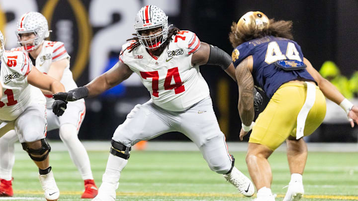 Ohio State Buckeyes offensive lineman Donovan Jackson (74) against the Notre Dame Fighting Irish during the CFP National Championship college football game at Mercedes-Benz Stadium. Mandatory Credit: Mark J. Rebilas-Imagn Images