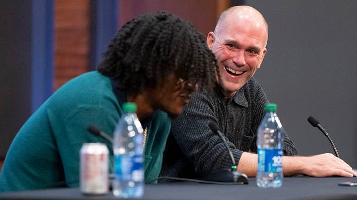 May 4, 2023; Owings Mills, MD, USA; Baltimore Ravens general manager Eric DeCosta reacts to quarterback Lamar Jackson during a press conference at Under Armour Performance Center. Mandatory Credit: Brent Skeen-USA TODAY Sports May 4, 2023; Owings Mills, MD, USA; Baltimore Ravens general manager Eric DeCosta reacts to quarterback Lamar Jackson during a press conference at Under Armour Performance Center. Mandatory Credit: Brent Skeen-USA TODAY Sports