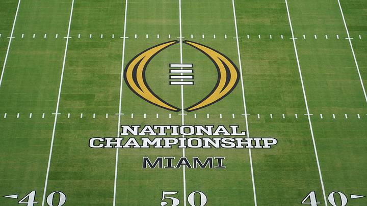 Jan 19, 2026; Miami Gardens, FL, USA; A general view of the center field logo before the CFP National Championship college football game between the Indiana Hoosiers and the Miami Hurricanes at Hard Rock Stadium. Mandatory Credit: James Lang-Imagn Images