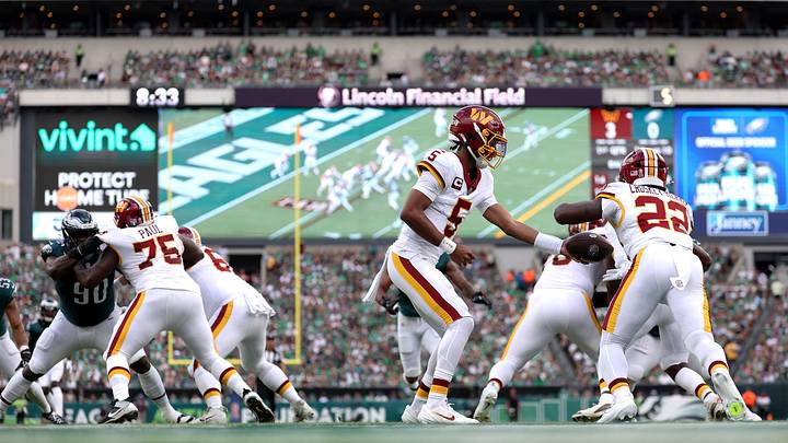 Sep 13, 2026; Philadelphia, Pennsylvania, USA; Washington Commanders quarterback Jayden Daniels (5) hands the ball off to Washington Commanders running back Jacory Croskey-Merritt (22) against the Philadelphia Eagles during the first half at Lincoln Financial Field. Mandatory Credit: Bill Streicher-Imagn Images Sep 13, 2026; Philadelphia, Pennsylvania, USA; Washington Commanders quarterback Jayden Daniels (5) hands the ball off to Washington Commanders running back Jacory Croskey-Merritt (22) against the Philadelphia Eagles during the first half at Lincoln Financial Field. Mandatory Credit: Bill Streicher-Imagn Images