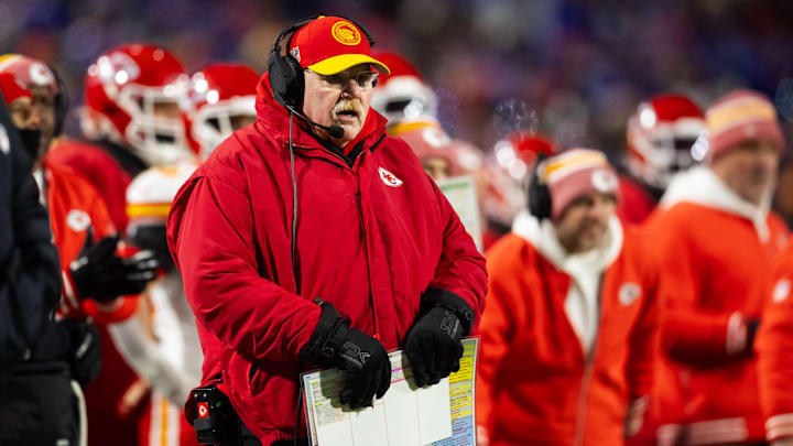 Jan 21, 2024; Orchard Park, New York, USA; Kansas City head coach Andy Reid against the Buffalo Bills for the 2024 AFC divisional round game at Highmark Stadium.