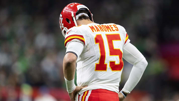 Feb 9, 2025; New Orleans, LA, USA;  Kansas City Chiefs quarterback Patrick Mahomes (15) reacts against the Philadelphia Eagles in Super Bowl LIX at Ceasars Superdome. Mandatory Credit: Mark J. Rebilas-Imagn Images