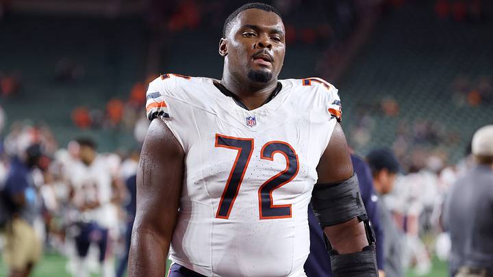 Chicago Bears offensive tackle Kiran Amegadjie (72) after a game against the Cincinnati Bengals at Paycor Stadium. Mandatory Credit: Joseph Maiorana-Imagn Images Chicago Bears offensive tackle Kiran Amegadjie (72) after a game against the Cincinnati Bengals at Paycor Stadium. Mandatory Credit: Joseph Maiorana-Imagn Images