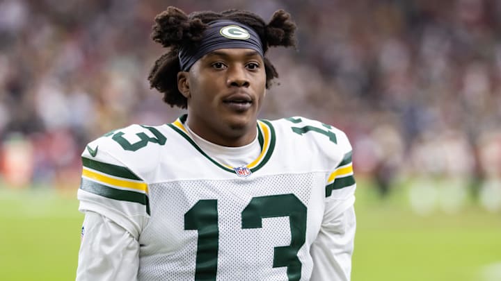 Oct 19, 2025; Glendale, Arizona, USA; Green Bay Packers wide receiver Dontayvion Wicks (13) against the Arizona Cardinals at State Farm Stadium. Mandatory Credit: Mark J. Rebilas-Imagn Images