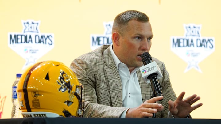 Jul 8, 2025; Frisco, TX, USA; Arizona State head coach Kenny Dillingham addresses the media during 2025 Big 12 Football Media Days at The Star. Mandatory Credit: Raymond Carlin III-Imagn Images