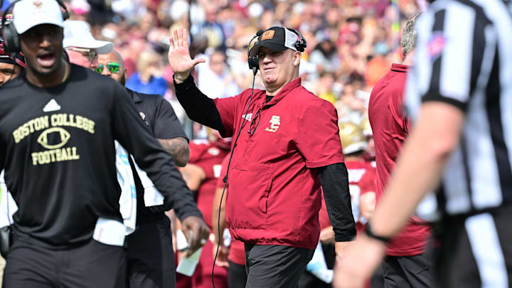 Sep 28, 2024; Chestnut Hill, Massachusetts, USA; Boston College Eagles head coach Bill O'Brien high fives the team after a touchdown against the Western Kentucky Hilltoppers during the first half at Alumni Stadium. Mandatory Credit: Eric Canha-Imagn Images Sep 28, 2024; Chestnut Hill, Massachusetts, USA; Boston College Eagles head coach Bill O'Brien high fives the team after a touchdown against the Western Kentucky Hilltoppers during the first half at Alumni Stadium. Mandatory Credit: Eric Canha-Imagn Images