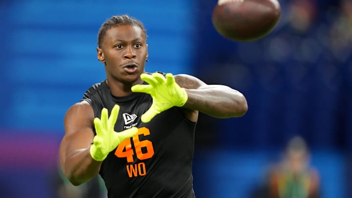 Feb 28, 2026; Indianapolis, IN, USA; Georgia wideout Colbie Young (WO46) during the NFL Scouting Combine at Lucas Oil Stadium. Mandatory Credit: Kirby Lee-Imagn Images