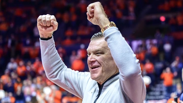 Illinois Fighting Illini head coach Brad Underwood during pre-game introductions at State Farm Center before a matchup against the Maryland Terrapins.