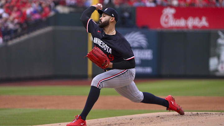 Minnesota Twins starting pitcher Pablo Lopez pitches against the St. Louis Cardinals during the first inning at Busch Stadium in St. Louis on March 27, 2025.