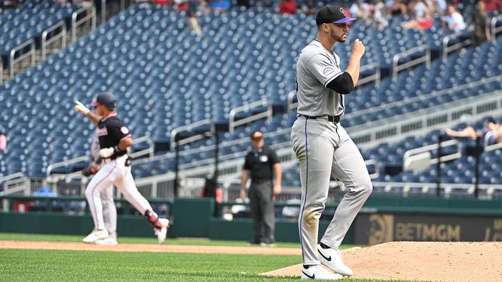 Colorado Rockies pitcher Gabriel Hughes (43) reacts after giving up a solo home run to Washington Nationals left fielder Daylen Lile (4). Credit: Brad Mills-Imagn Images Colorado Rockies pitcher Gabriel Hughes (43) reacts after giving up a solo home run to Washington Nationals left fielder Daylen Lile (4). Credit: Brad Mills-Imagn Images